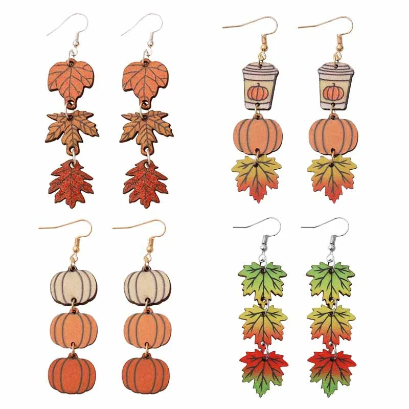 Autumn Thanksgiving Wooden Long Earrings